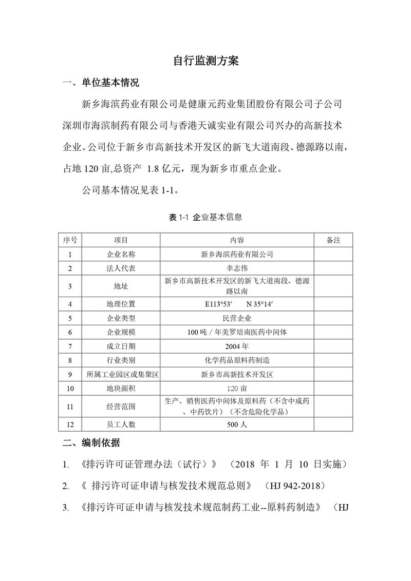 新鄉海濱藥業有限公司2023年自行監測方案_page-0002